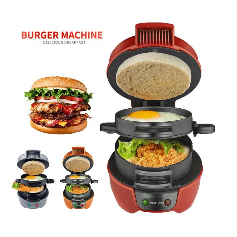 Electric Burger & Sandwich Maker for Home, Non-Stick Dual Heating Plates, Quick Breakfast Grill for Ham, Egg, and Toast, Compact Lightweight Design for Easy Everyday Meals (Red)