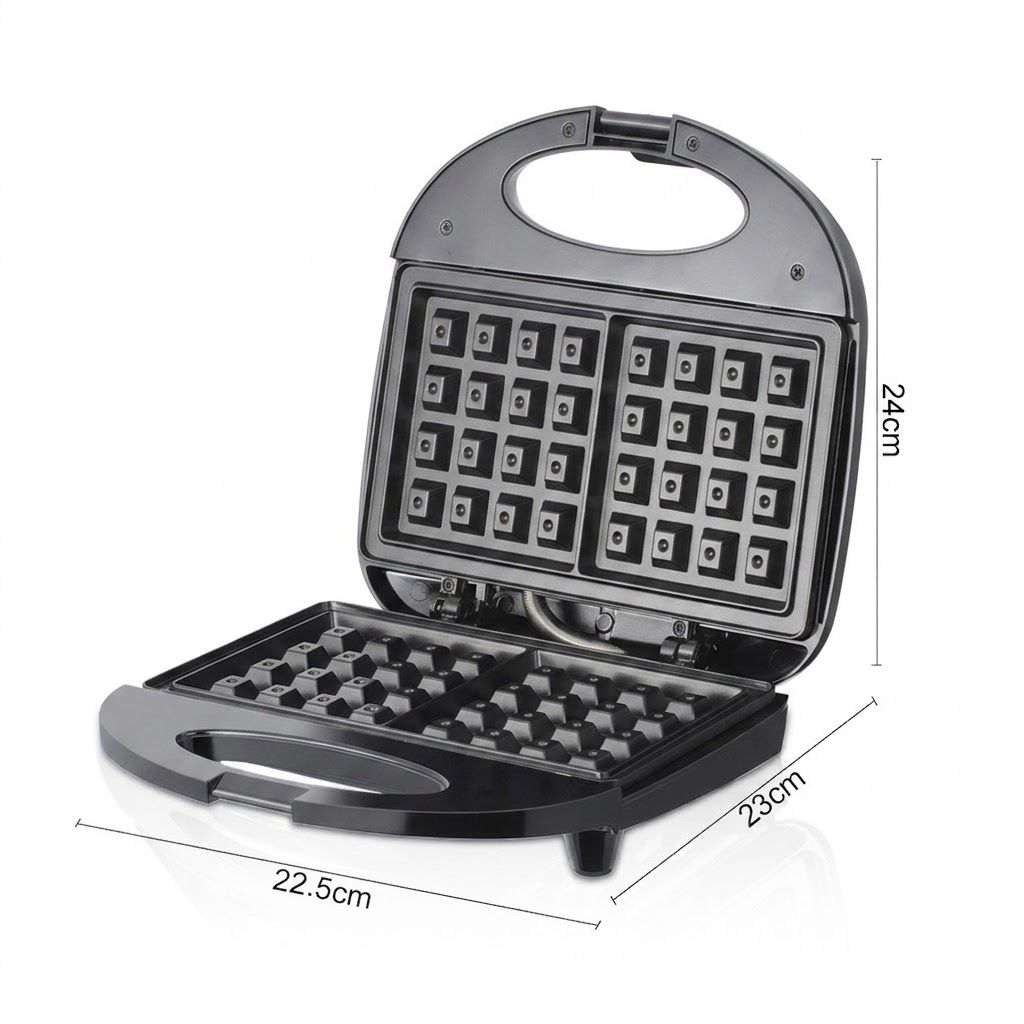 Non-Stick Dual-Sided Waffle Maker with Portable Handle, Compact Design for Effortless Homemade Breakfasts, Easy-Clean Coated Plates, and Quick Even Heating for Crispy Golden Waffles Every Time (Black)