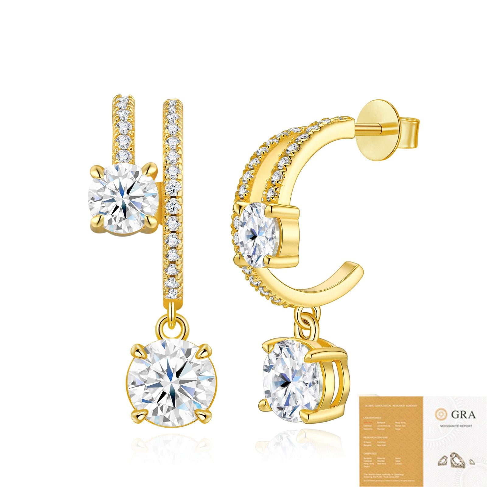 Elegant C-Shaped Drop Earrings with Round Moissanite and Micro-Pave Setting, Crafted in 925 Silver with 18K Gold Plating for Daily Chic and Special Occasions (Moissanite, Premium S925)