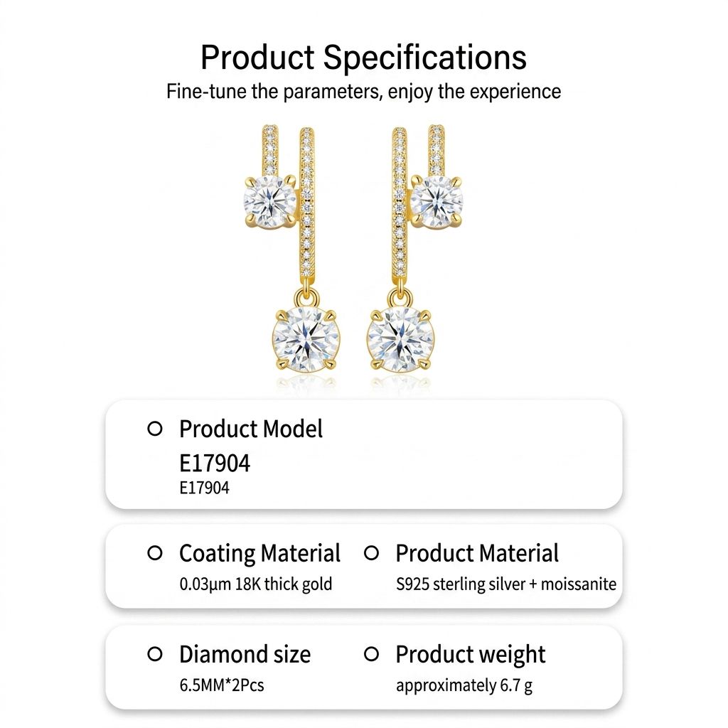 Elegant C-Shaped Drop Earrings with Round Moissanite and Micro-Pave Setting, Crafted in 925 Silver with 18K Gold Plating for Daily Chic and Special Occasions (Moissanite, Premium S925)