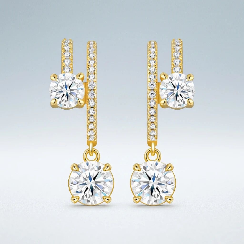 Elegant C-Shaped Drop Earrings with Round Moissanite and Micro-Pave Setting, Crafted in 925 Silver with 18K Gold Plating for Daily Chic and Special Occasions (Moissanite, Premium S925)