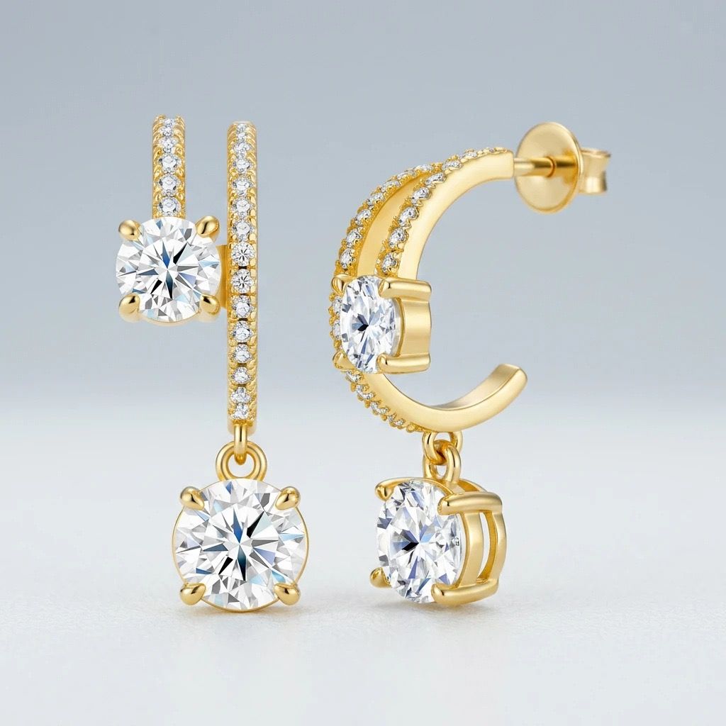 Elegant C-Shaped Drop Earrings with Round Moissanite and Micro-Pave Setting, Crafted in 925 Silver with 18K Gold Plating for Daily Chic and Special Occasions (Moissanite, Premium S925)