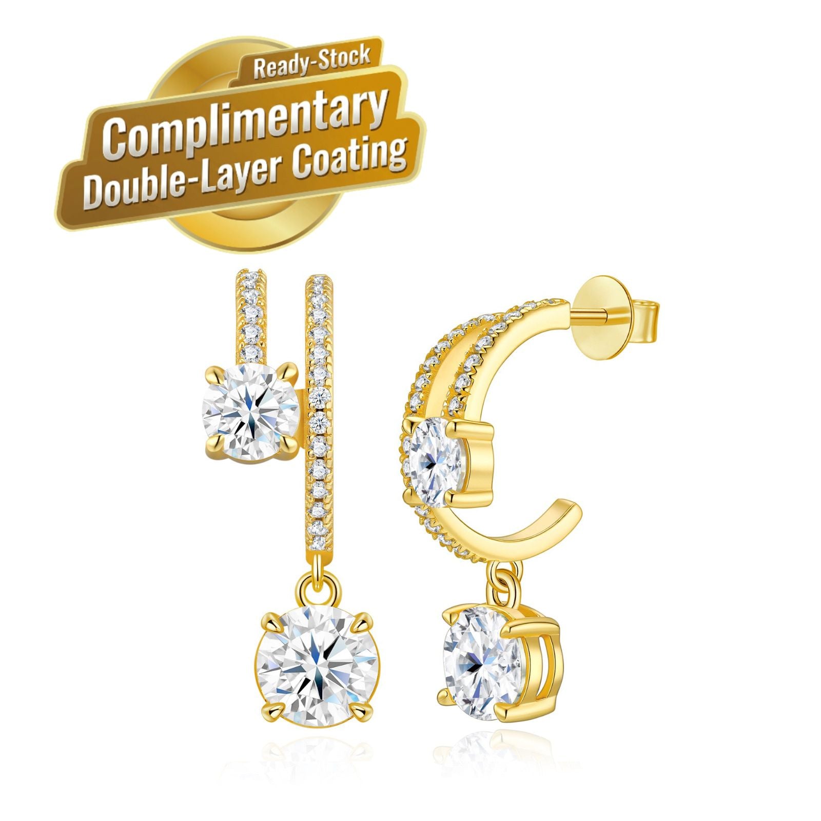 Elegant C-Shaped Drop Earrings with Round Moissanite and Micro-Pave Setting, Crafted in 925 Silver with 18K Gold Plating for Daily Chic and Special Occasions (Moissanite, Premium S925)
