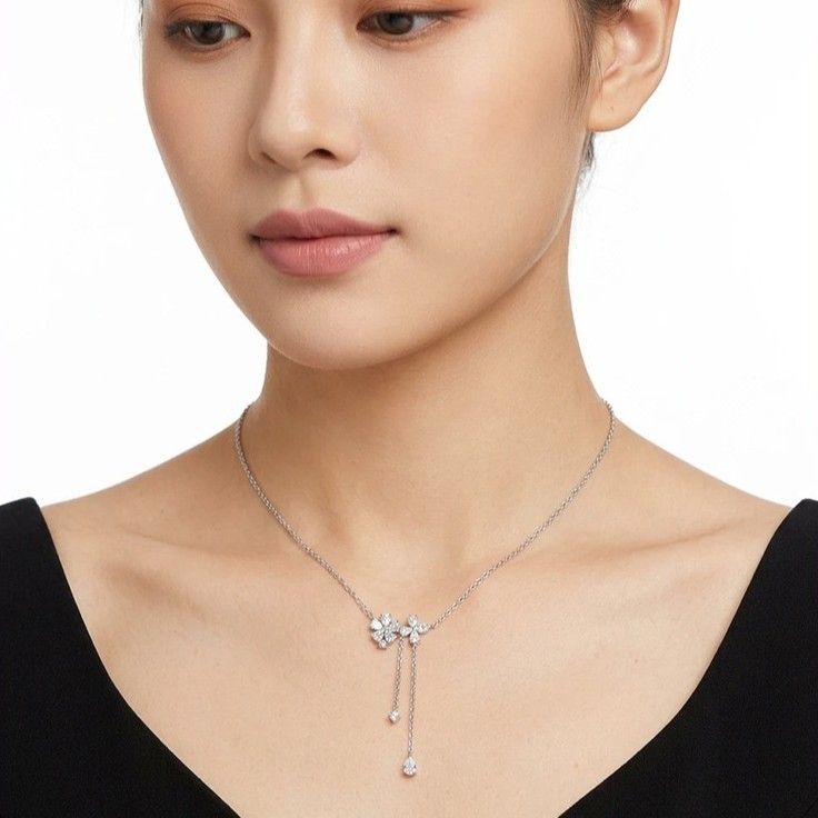 925 Silver Moissanite Flower Tassel Necklace – Sparkling Four-Petal Pendant with Dual Drop Chains, Elegant Light Luxury Jewelry for Daily Wear, Office, Dates, and Semi-Formal Gatherings, Includes GRA Certificate (Moissanite, Premium S925)