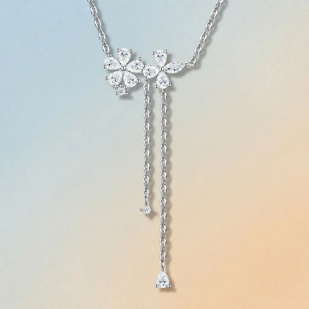 925 Silver Moissanite Flower Tassel Necklace – Sparkling Four-Petal Pendant with Dual Drop Chains, Elegant Light Luxury Jewelry for Daily Wear, Office, Dates, and Semi-Formal Gatherings, Includes GRA Certificate (Moissanite, Premium S925)
