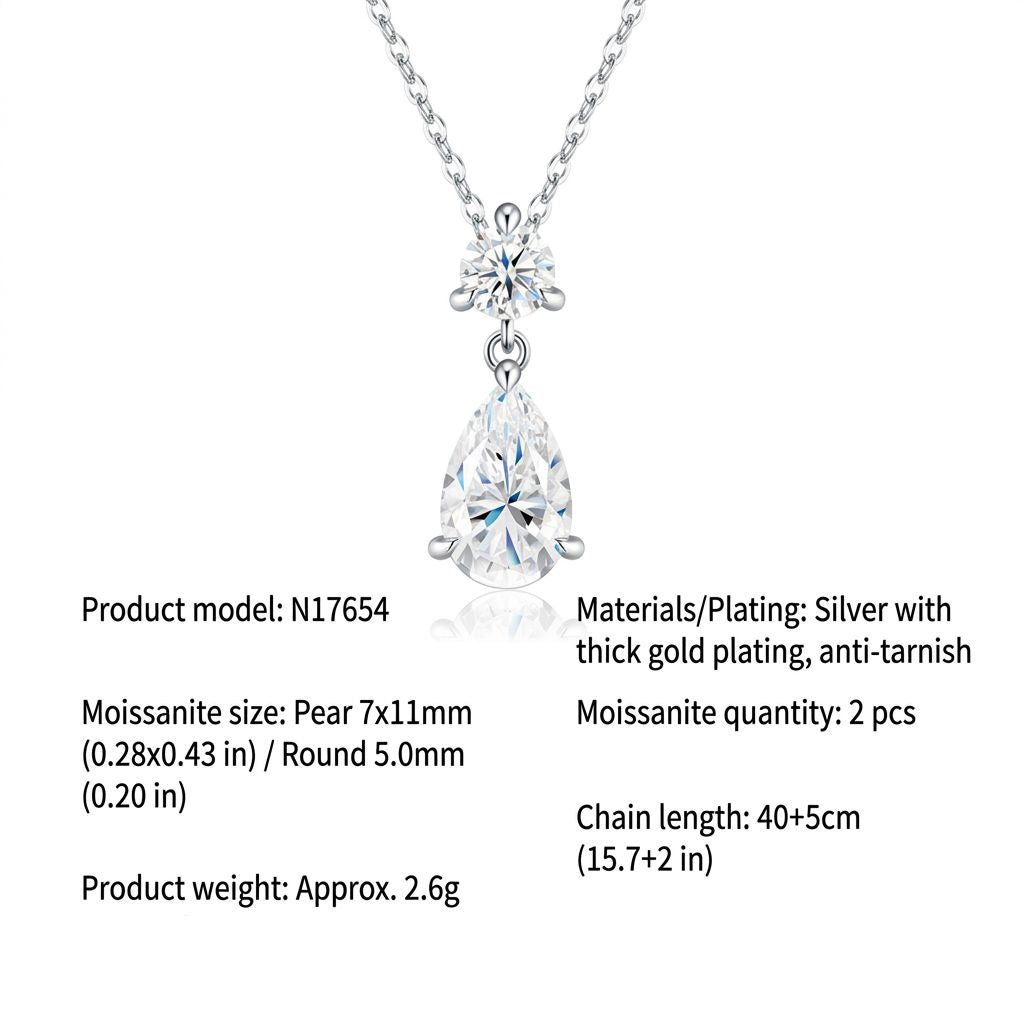 Elegant Moissanite Pendant Necklace with Round and Pear Cut Stones, Anti-Tarnish Silver Finish, Adjustable Chain for Daily Wear and Formal Occasions, Ideal Gift for Women (Moissanite, Premium S925)