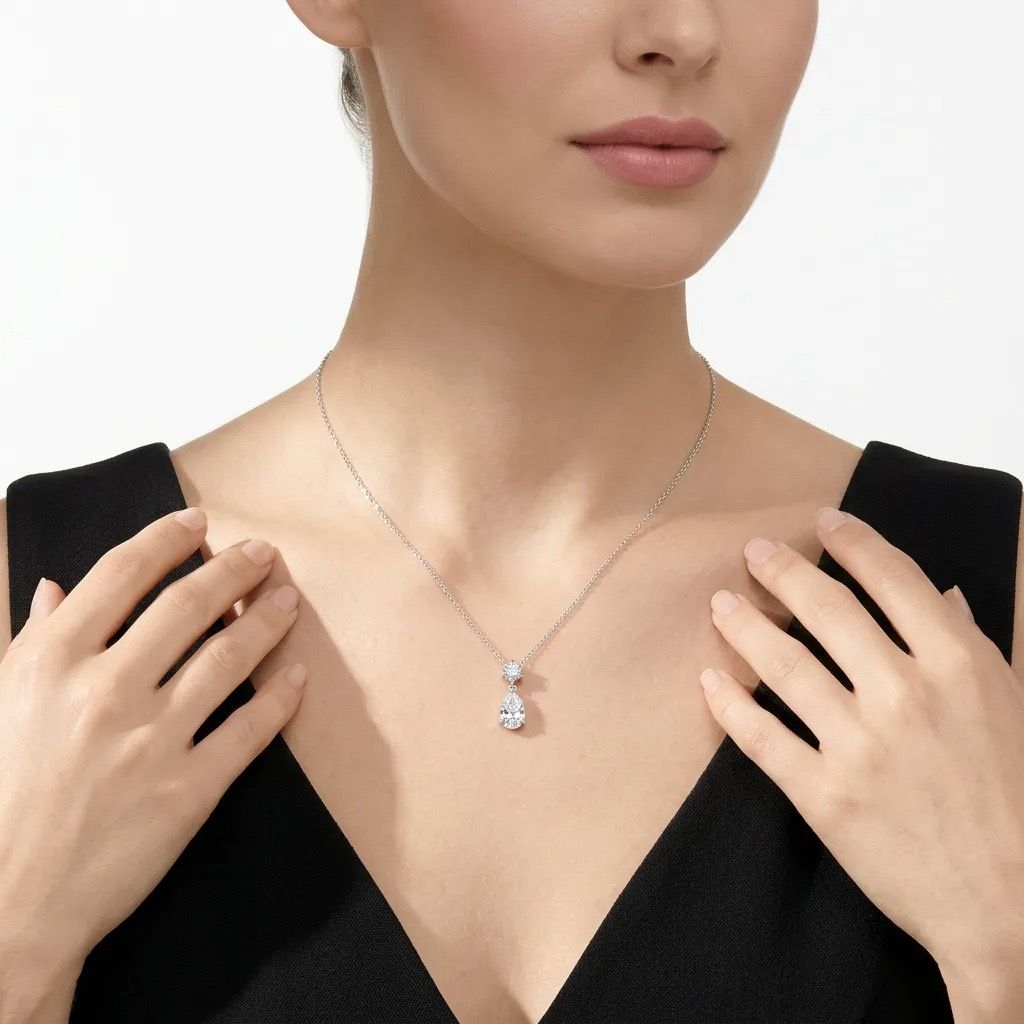 Elegant Moissanite Pendant Necklace with Round and Pear Cut Stones, Anti-Tarnish Silver Finish, Adjustable Chain for Daily Wear and Formal Occasions, Ideal Gift for Women (Moissanite, Premium S925)