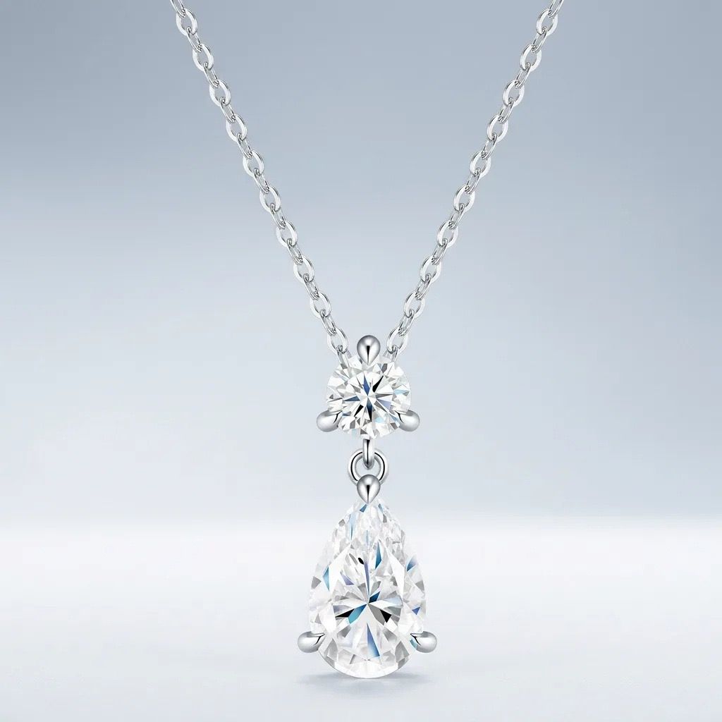 Elegant Moissanite Pendant Necklace with Round and Pear Cut Stones, Anti-Tarnish Silver Finish, Adjustable Chain for Daily Wear and Formal Occasions, Ideal Gift for Women (Moissanite, Premium S925)