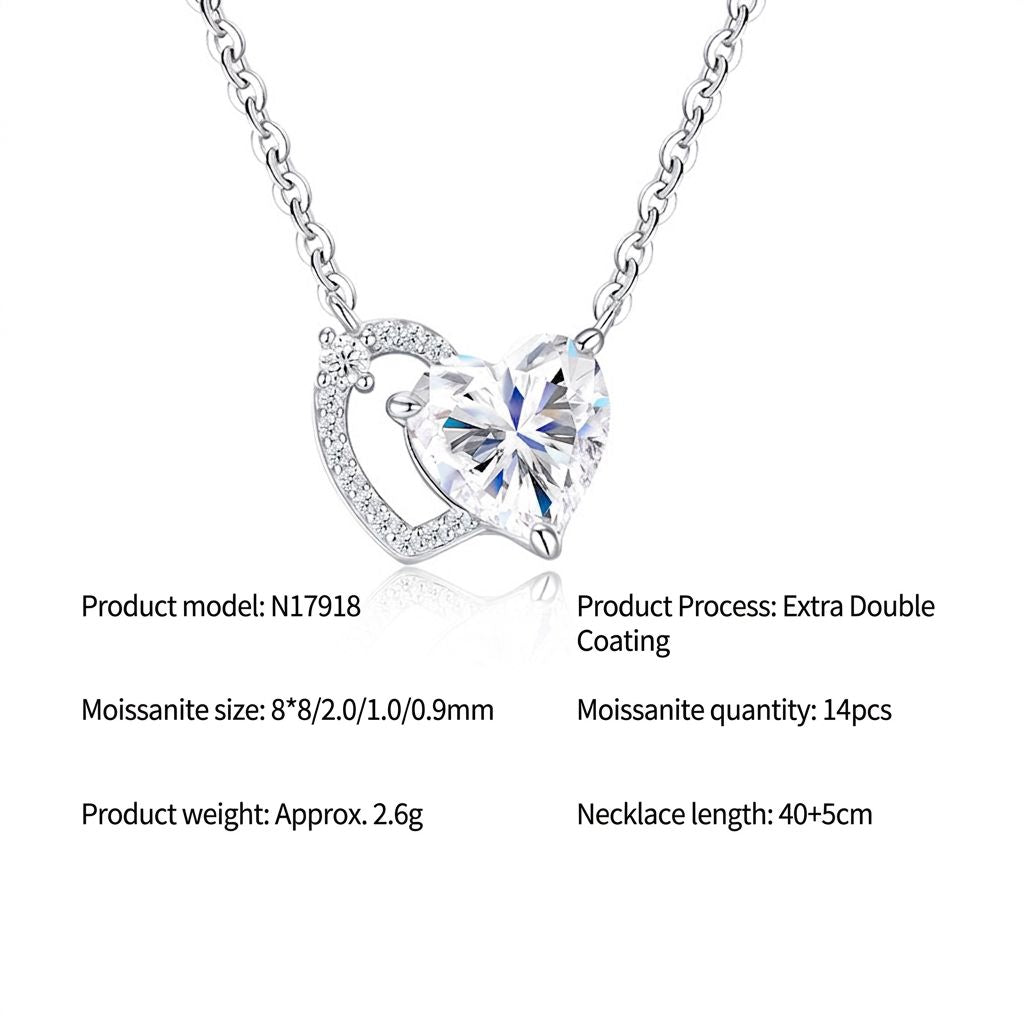 Elegant Dual Heart Moissanite Pendant Necklace in Sterling Silver, Featuring a Sparkling 8x8mm Eight Hearts and Arrows Cut Center Stone, with 14 Genuine Moissanite Gems, Adjustable 40+5cm Chain, Perfect for Daily Wear and Romantic Gifting Moments (Moissan