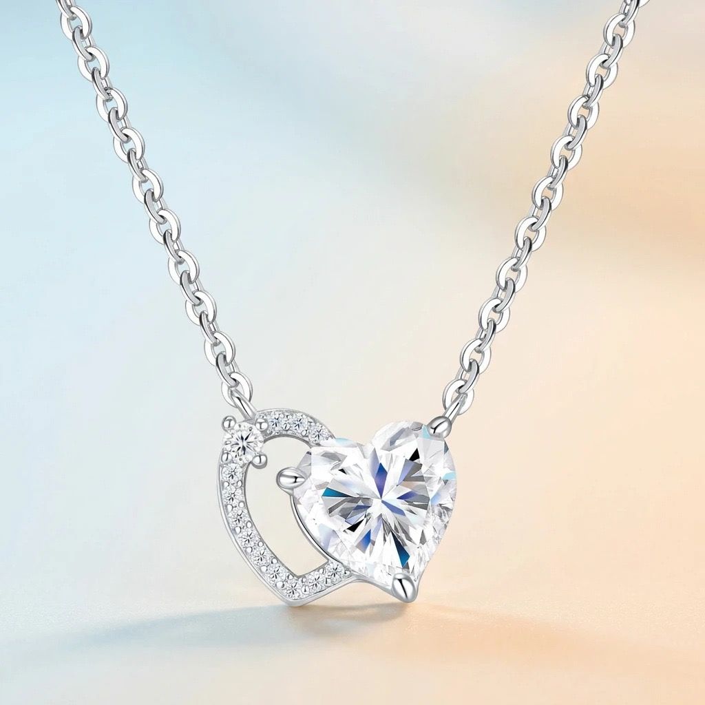 Elegant Dual Heart Moissanite Pendant Necklace in Sterling Silver, Featuring a Sparkling 8x8mm Eight Hearts and Arrows Cut Center Stone, with 14 Genuine Moissanite Gems, Adjustable 40+5cm Chain, Perfect for Daily Wear and Romantic Gifting Moments (Moissan