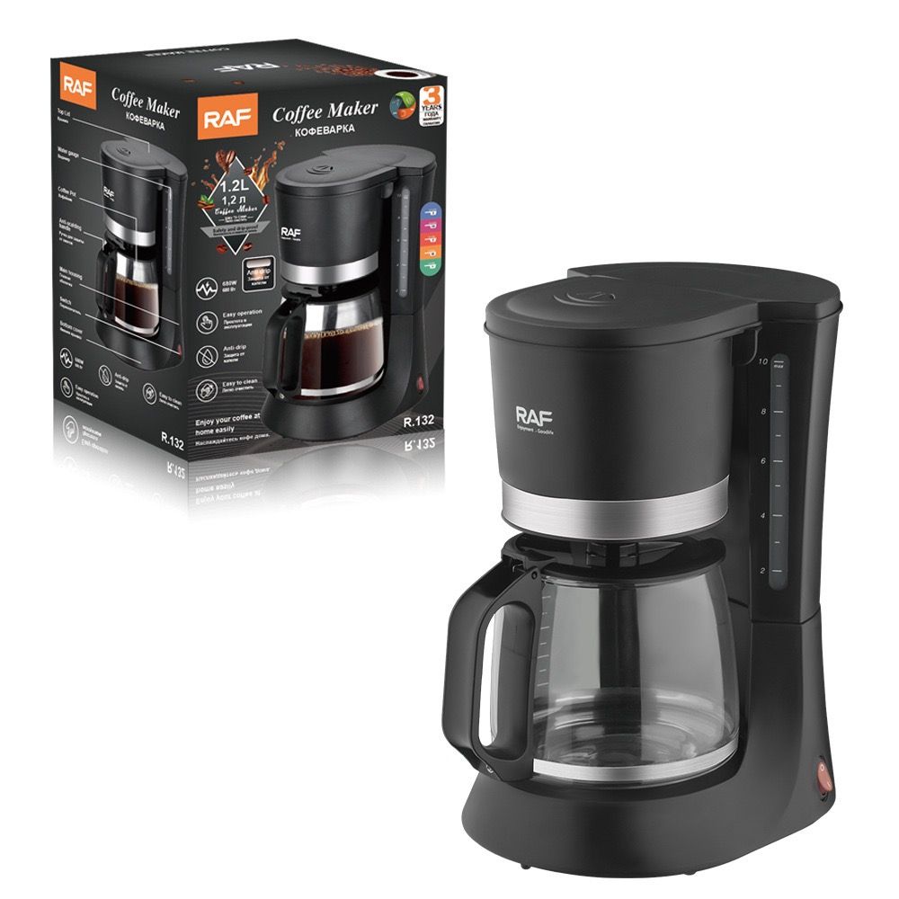 Automatic Drip Coffee Maker with Glass Carafe, Compact 1.2L Capacity, Anti-Drip System, Easy-Clean Design for Home, Office, or Small Kitchen Use, Black Stainless Steel Trim (Black)