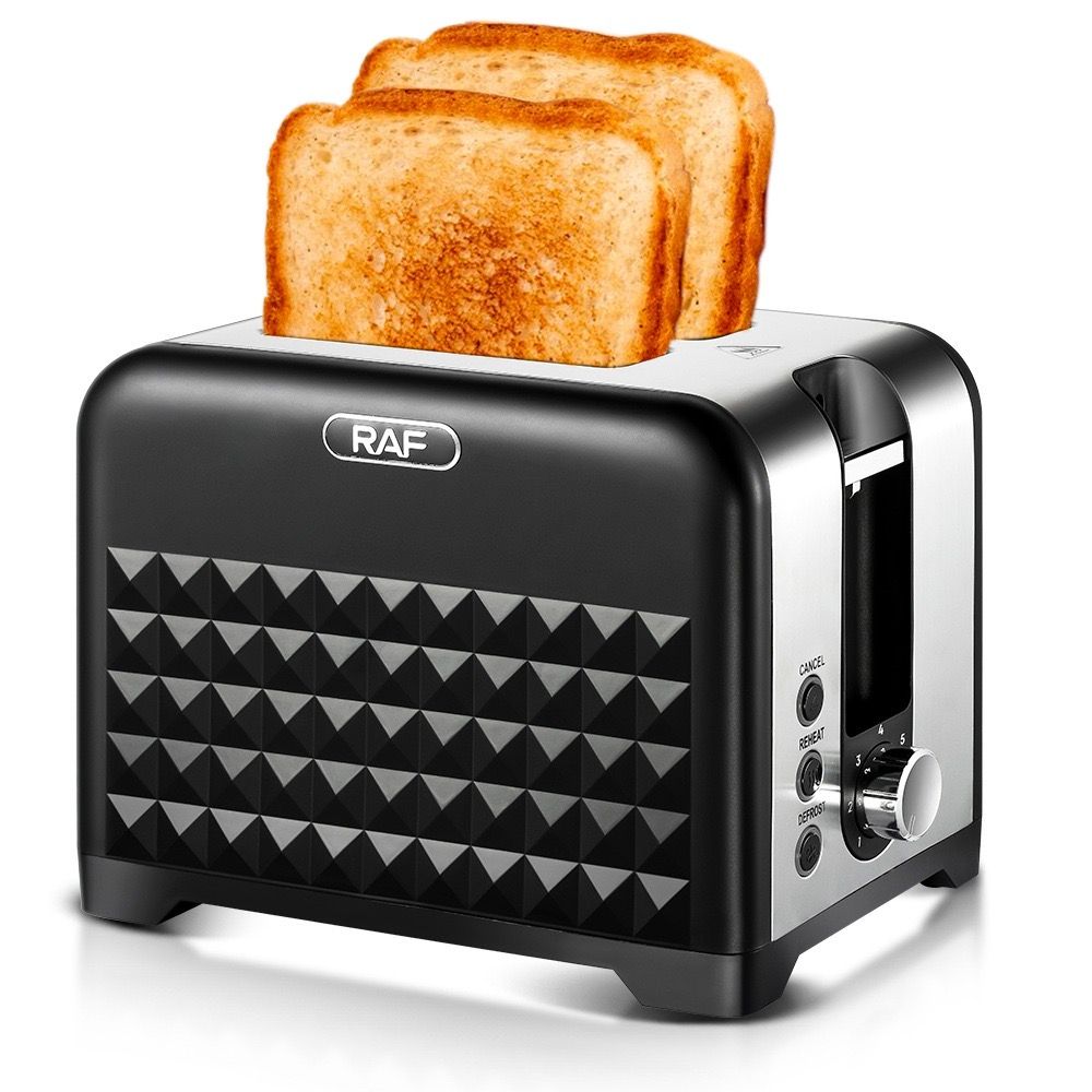 2-Slice Retro Toaster with Diamond Textured Finish, Stainless Steel Body, and Removable Crumb Tray for Family Breakfast, Reheating, and Defrosting (Black)