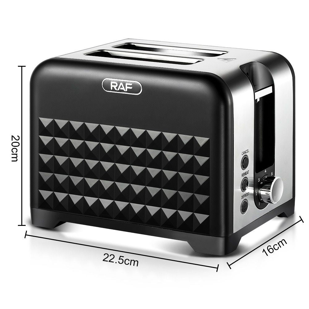 2-Slice Retro Toaster with Diamond Textured Finish, Stainless Steel Body, and Removable Crumb Tray for Family Breakfast, Reheating, and Defrosting (Black)