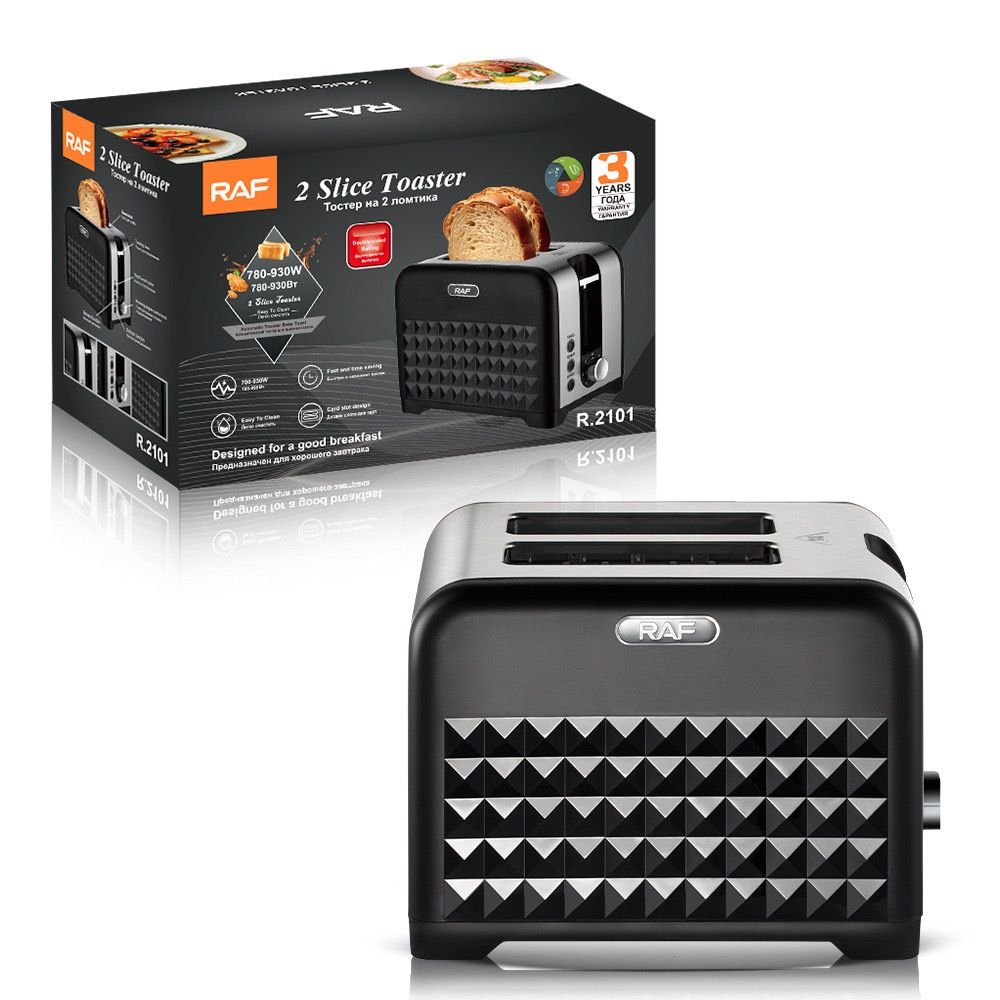 2-Slice Retro Toaster with Diamond Textured Finish, Stainless Steel Body, and Removable Crumb Tray for Family Breakfast, Reheating, and Defrosting (Black)