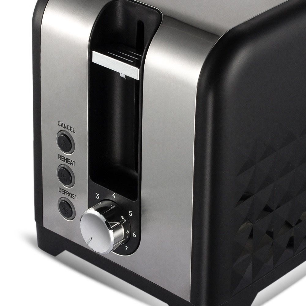 2-Slice Retro Toaster with Diamond Textured Finish, Stainless Steel Body, and Removable Crumb Tray for Family Breakfast, Reheating, and Defrosting (Black)