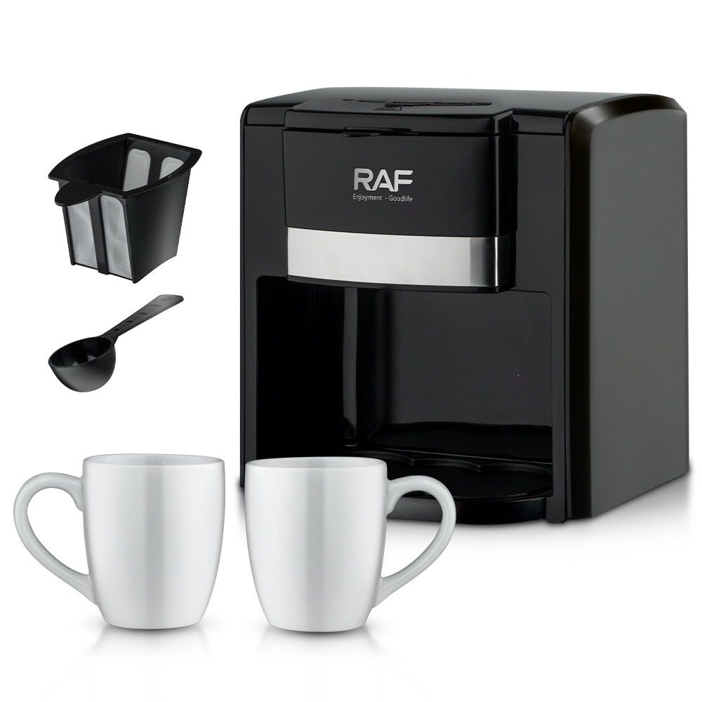 Dual-Cup Drip Coffee Maker with Ceramic Mugs, Compact 420ml Capacity, 650W Fast Brewing for Espresso, Cappuccino, and Latte at Home or Small Office (Black)