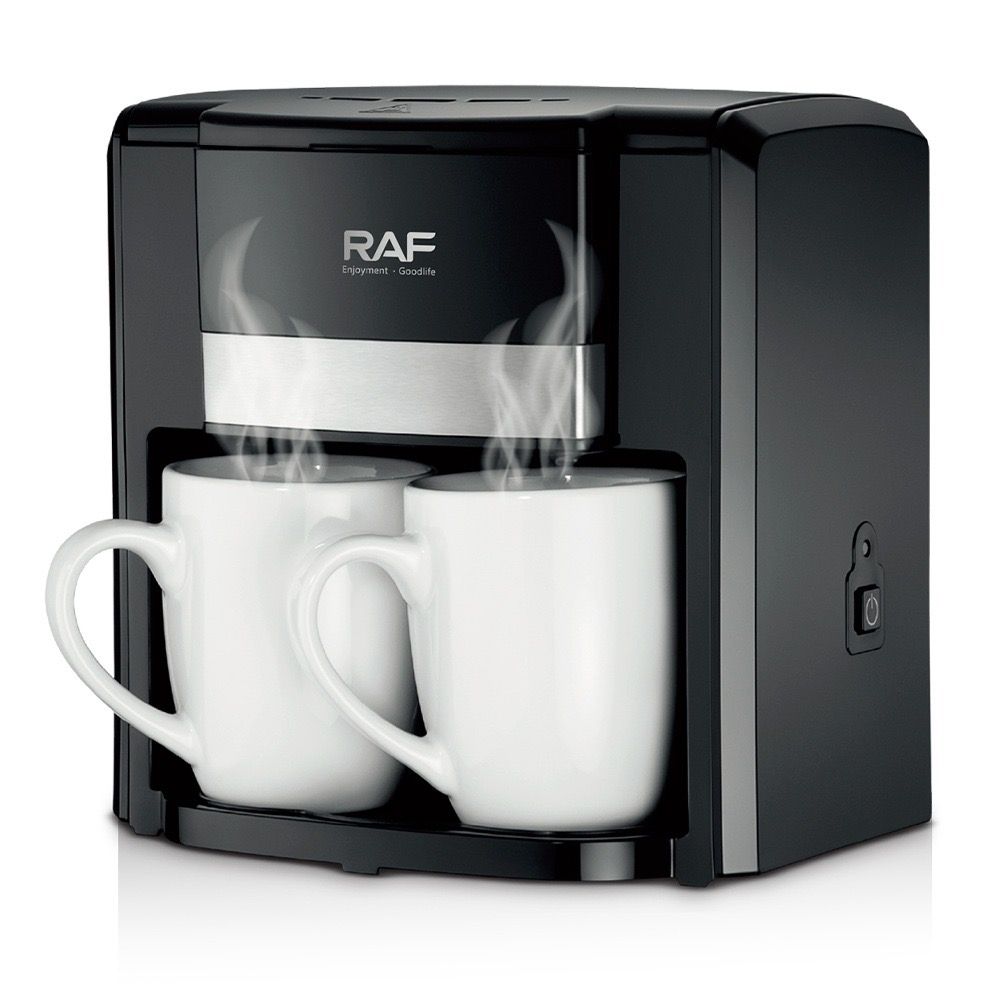 Dual-Cup Drip Coffee Maker with Ceramic Mugs, Compact 420ml Capacity, 650W Fast Brewing for Espresso, Cappuccino, and Latte at Home or Small Office (Black)