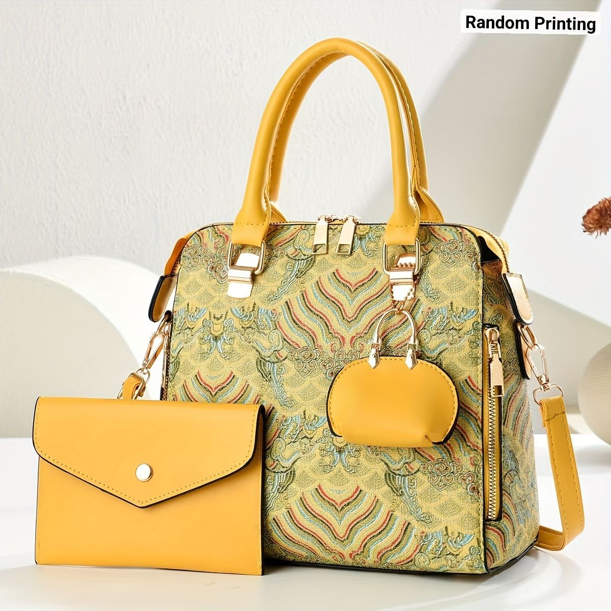 Ladies Hand-Held Bags 2-Piece Set Embroidered Print Retro Stylish Bag With - Green - Size 24-13-24