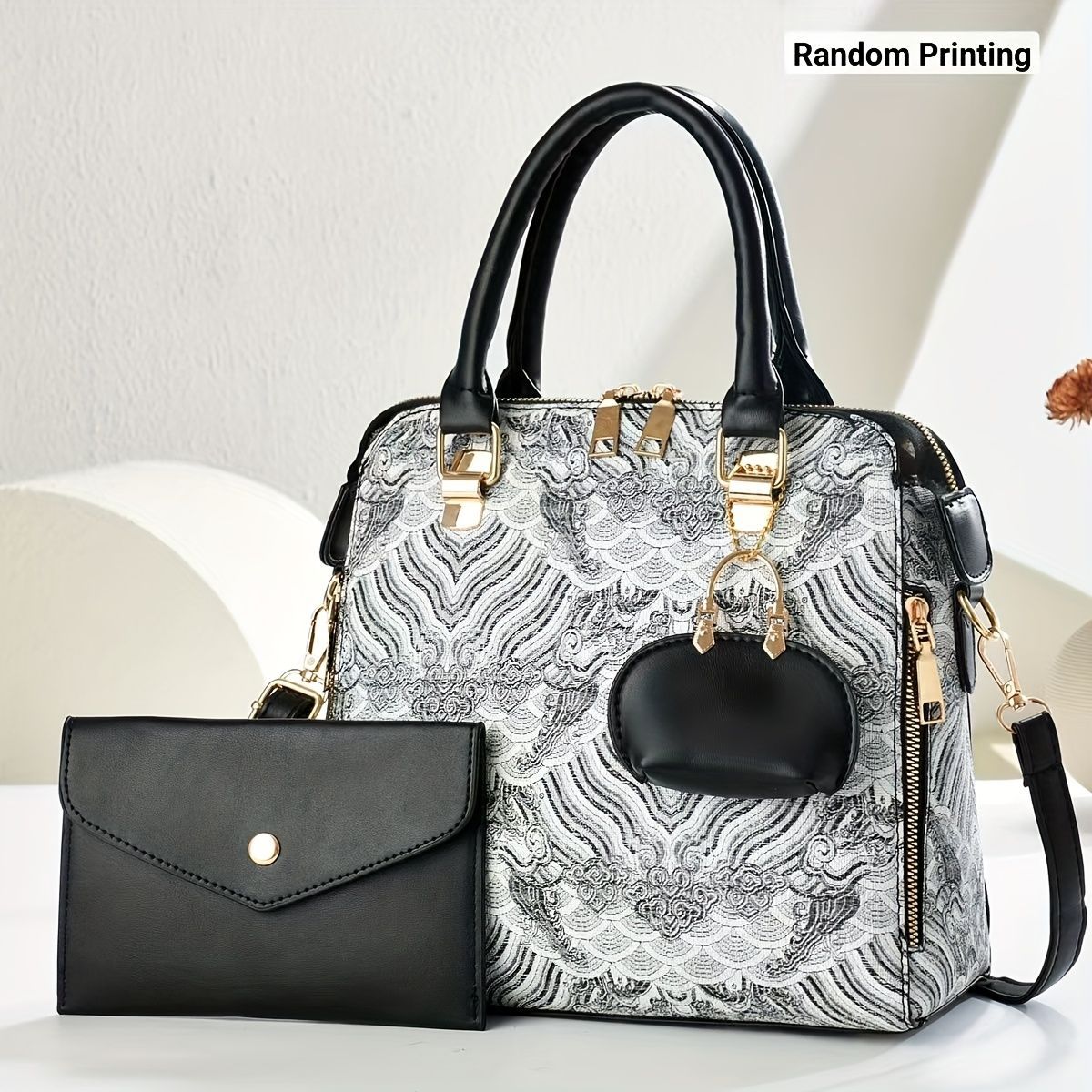 Ladies Hand-Held Bags 2-Piece Set Embroidered Print Retro Stylish Bag With - Khaki - Size 24-13-24