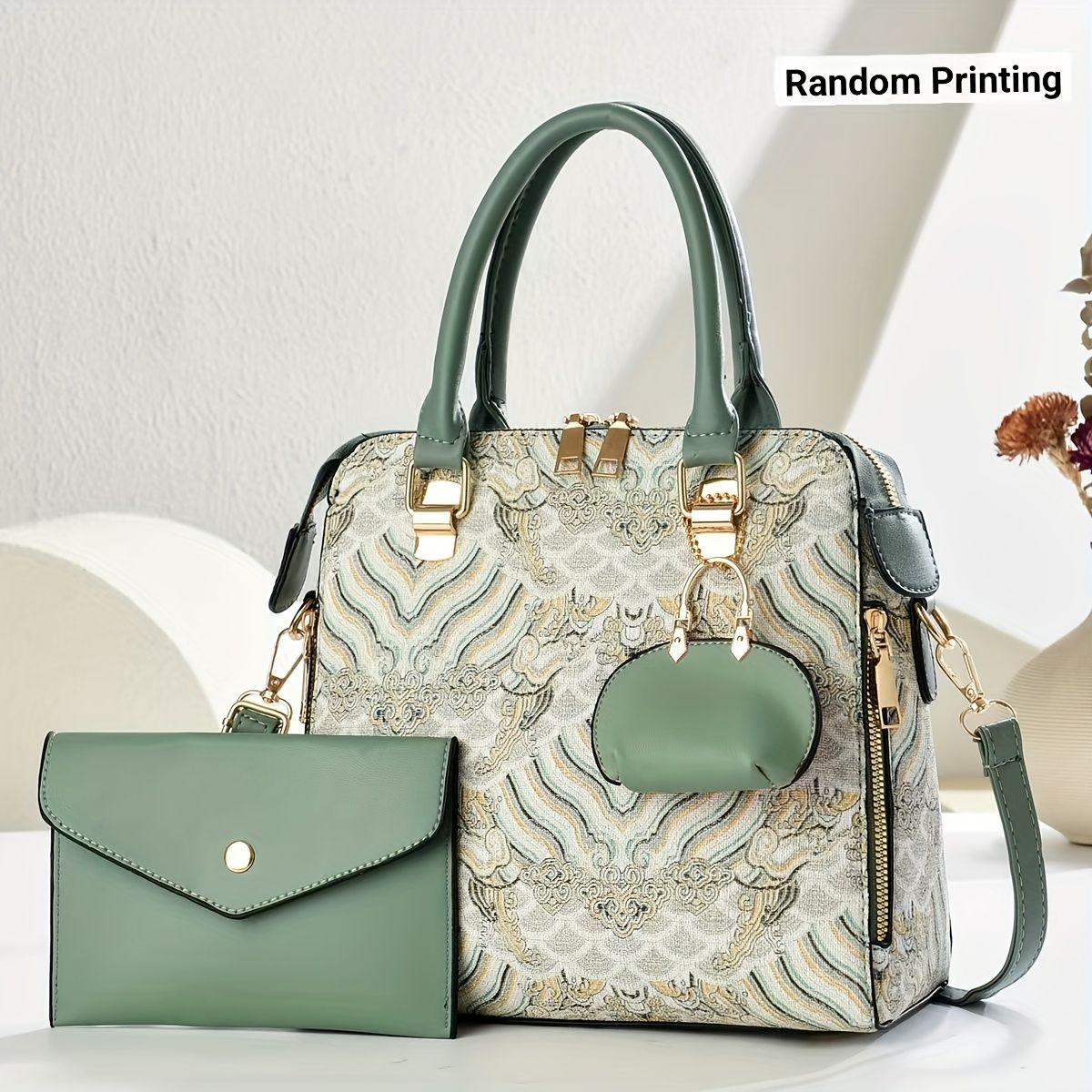 Ladies Hand-Held Bags 2-Piece Set Embroidered Print Retro Stylish Bag With - Pink - Size 24-13-24