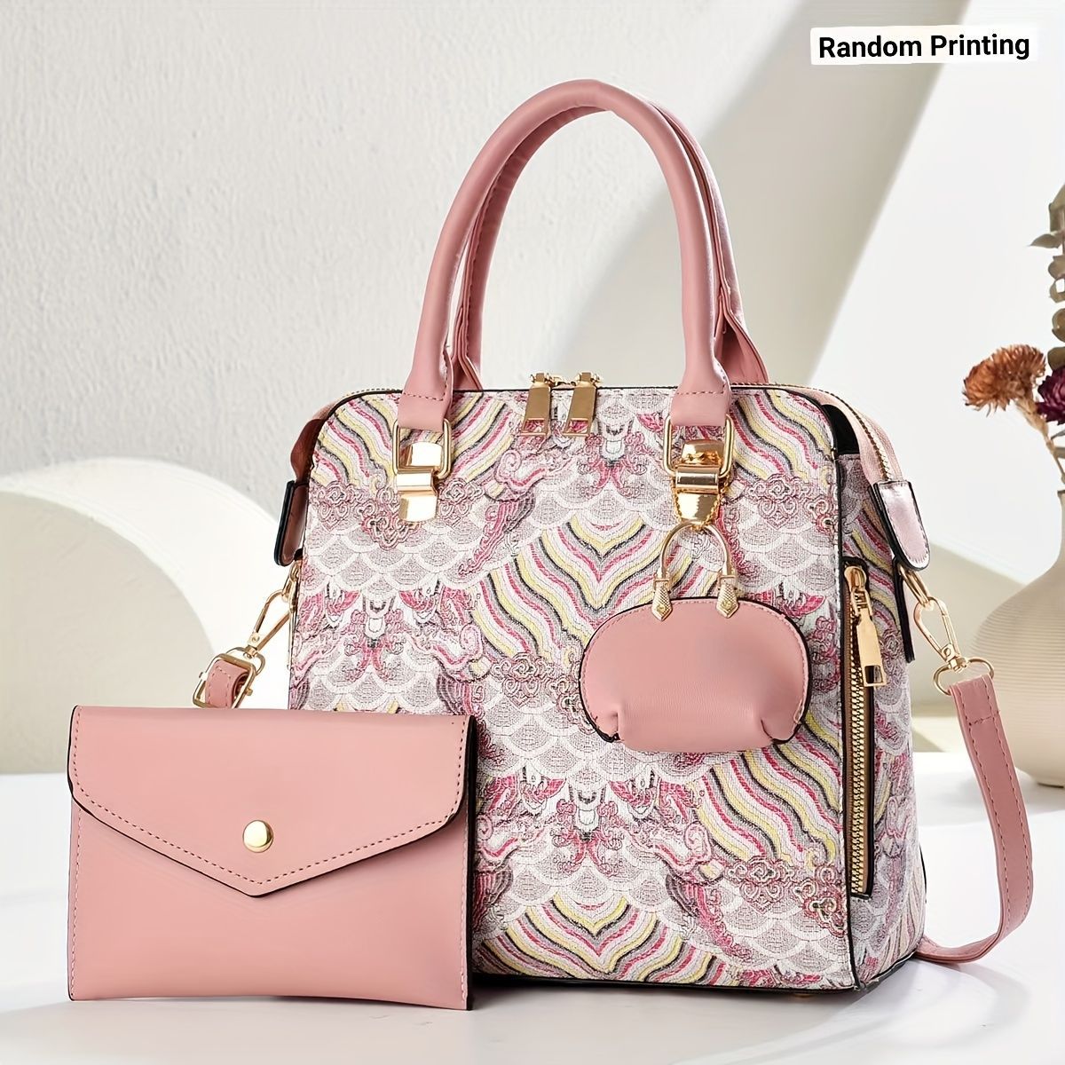 Ladies Hand-Held Bags 2-Piece Set Embroidered Print Retro Stylish Bag With - Pink - Size 24-13-24