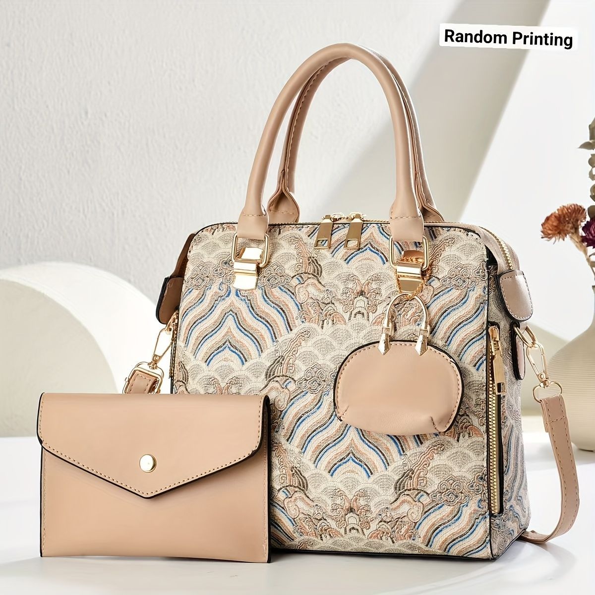 Ladies Hand-Held Bags 2-Piece Set Embroidered Print Retro Stylish Bag With - Pink - Size 24-13-24