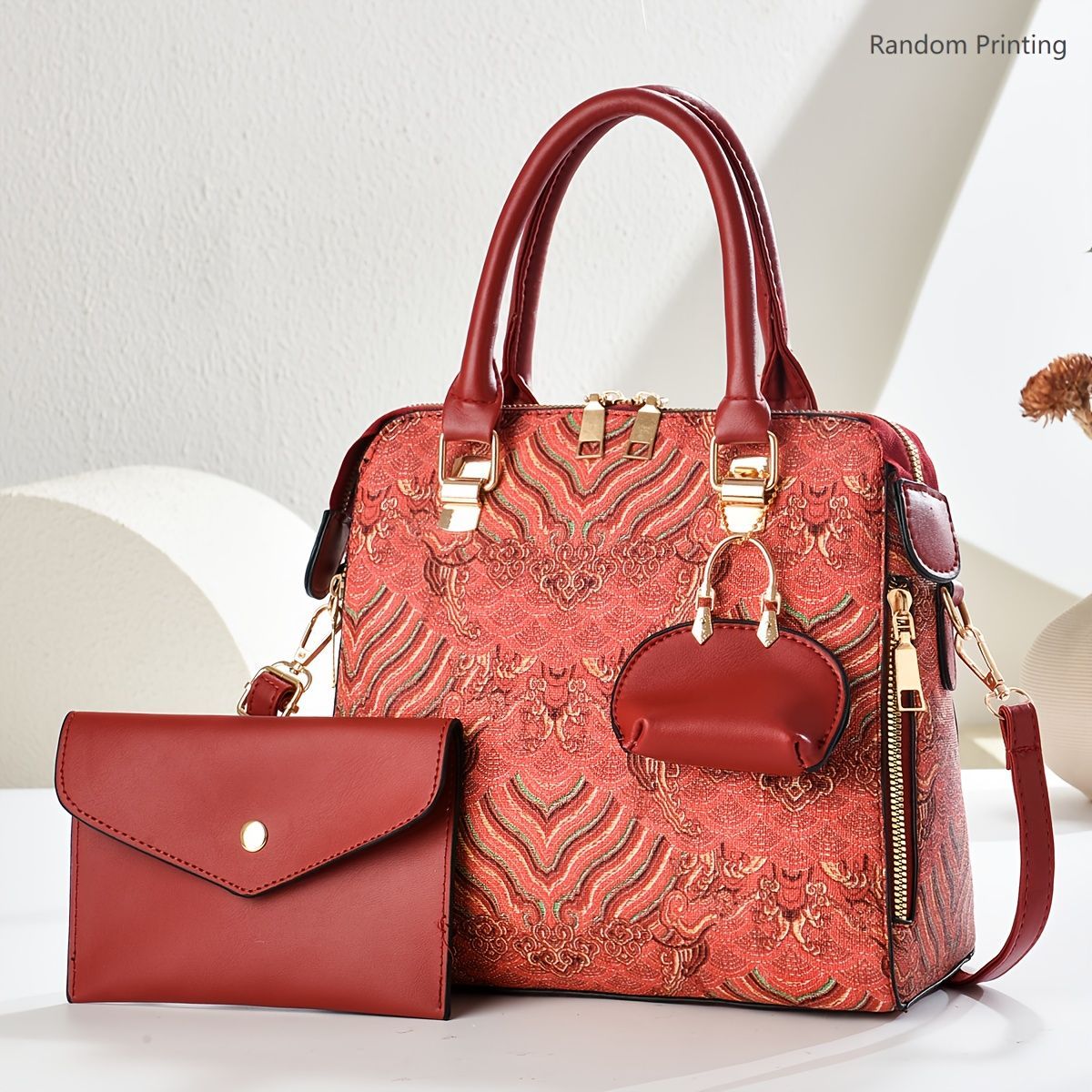 Ladies Hand-Held Bags 2-Piece Set Embroidered Print Retro Stylish Bag With - Yellow - Size 24-13-24