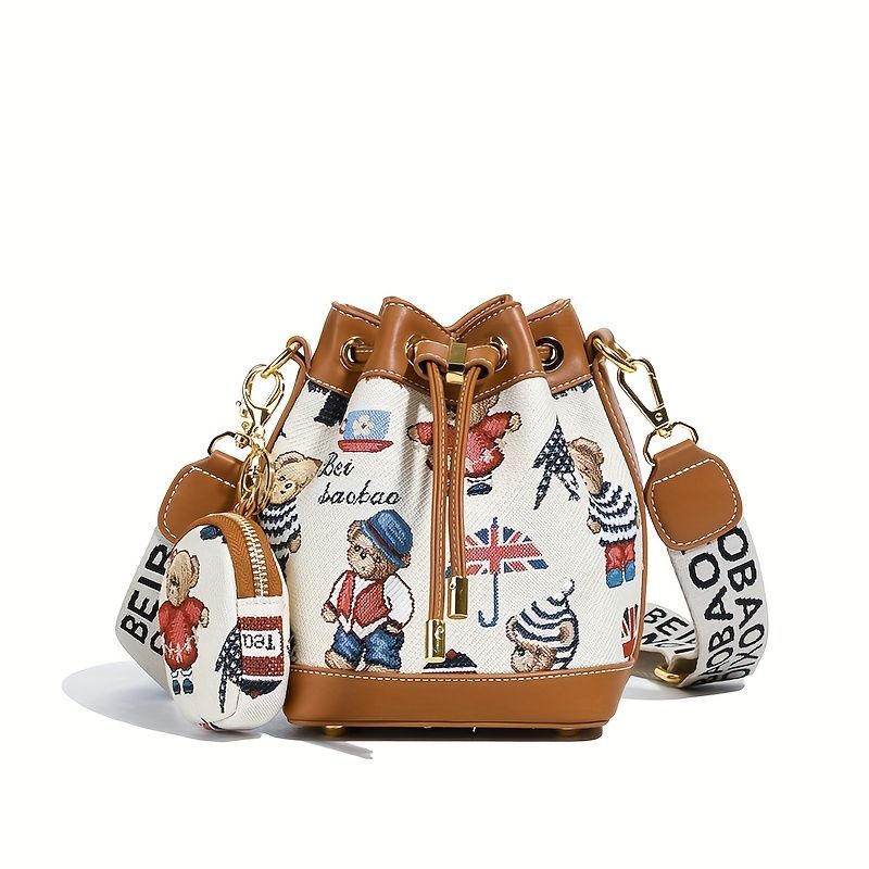 Women'S Bucket Bag Bear Print Handbag Trendy Handbag British Style Bag - Blue - Size 11-14-19