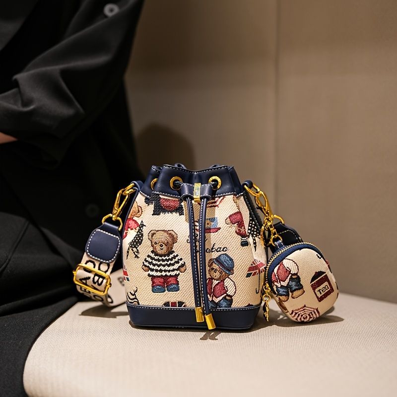Women'S Bucket Bag Bear Print Handbag Trendy Handbag British Style Bag - Blue - Size 11-14-19
