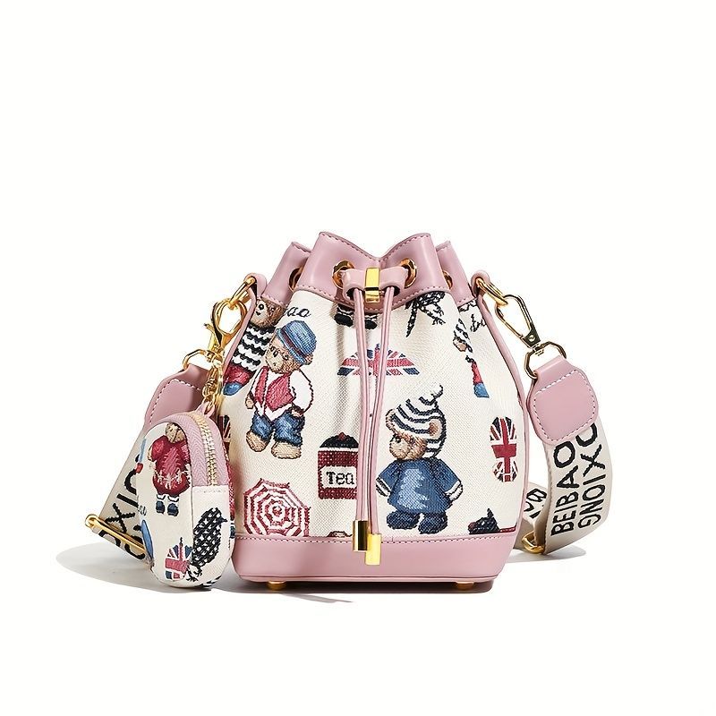 Women'S Bucket Bag Bear Print Handbag Trendy Handbag British Style Bag - Brown - Size 11-14-19