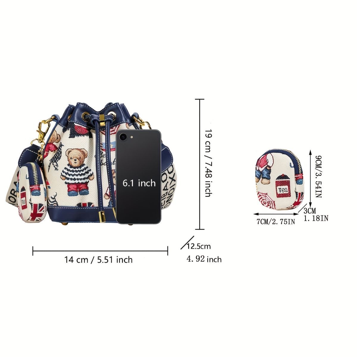 Women'S Bucket Bag Bear Print Handbag Trendy Handbag British Style Bag - Brown - Size 11-14-19