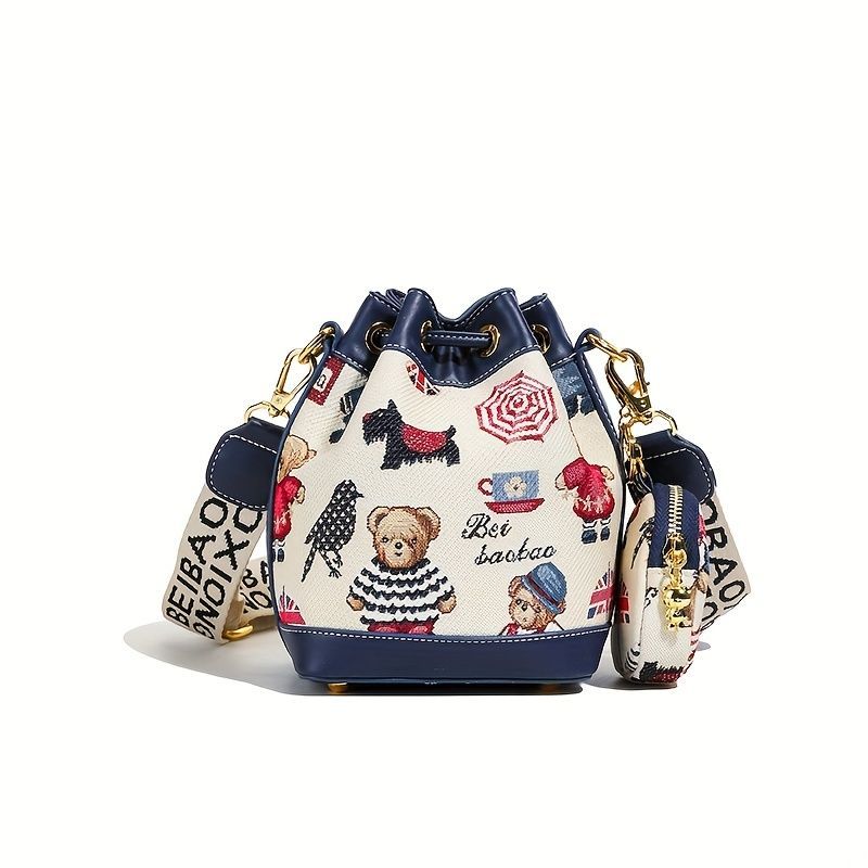 Women'S Bucket Bag Bear Print Handbag Trendy Handbag British Style Bag - Pink - Size 11-14-19