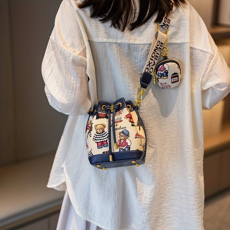 Women'S Bucket Bag Bear Print Handbag Trendy Handbag British Style Bag - Pink - Size 11-14-19