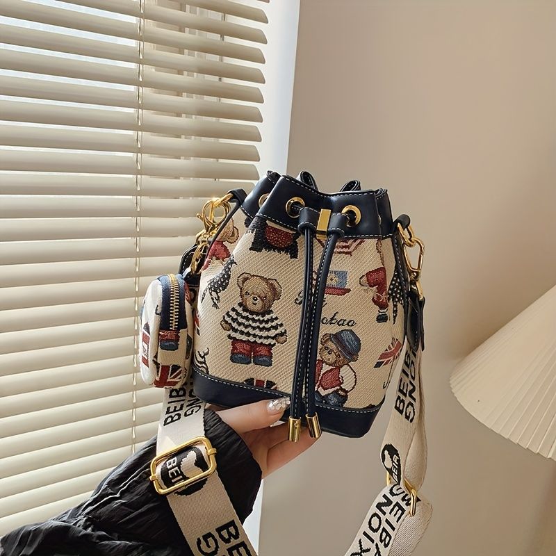 Women'S Bucket Bag Bear Print Handbag Trendy Handbag British Style Bag - Pink - Size 11-14-19