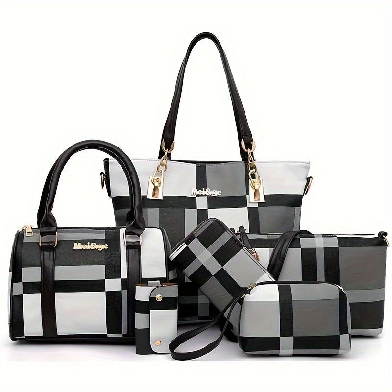 Women'S Bag Set Six Piece Bag Set Checkered Bag Large Capacity Bag Korean Style - Black - Size 30-27-13