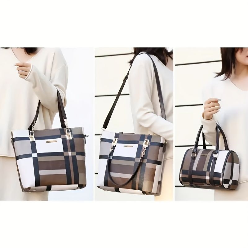 Women'S Bag Set Six Piece Bag Set Checkered Bag Large Capacity Bag Korean Style - Black - Size 30-27-13