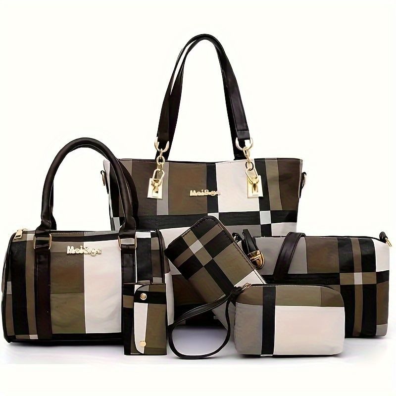 Women'S Bag Set Six Piece Bag Set Checkered Bag Large Capacity Bag Korean Style - Blue - Size 30-27-13