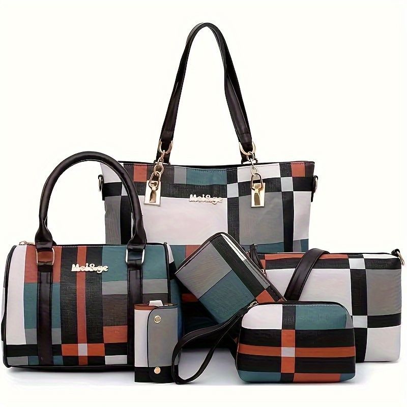 Women'S Bag Set Six Piece Bag Set Checkered Bag Large Capacity Bag Korean Style - Brown - Size 30-27-13