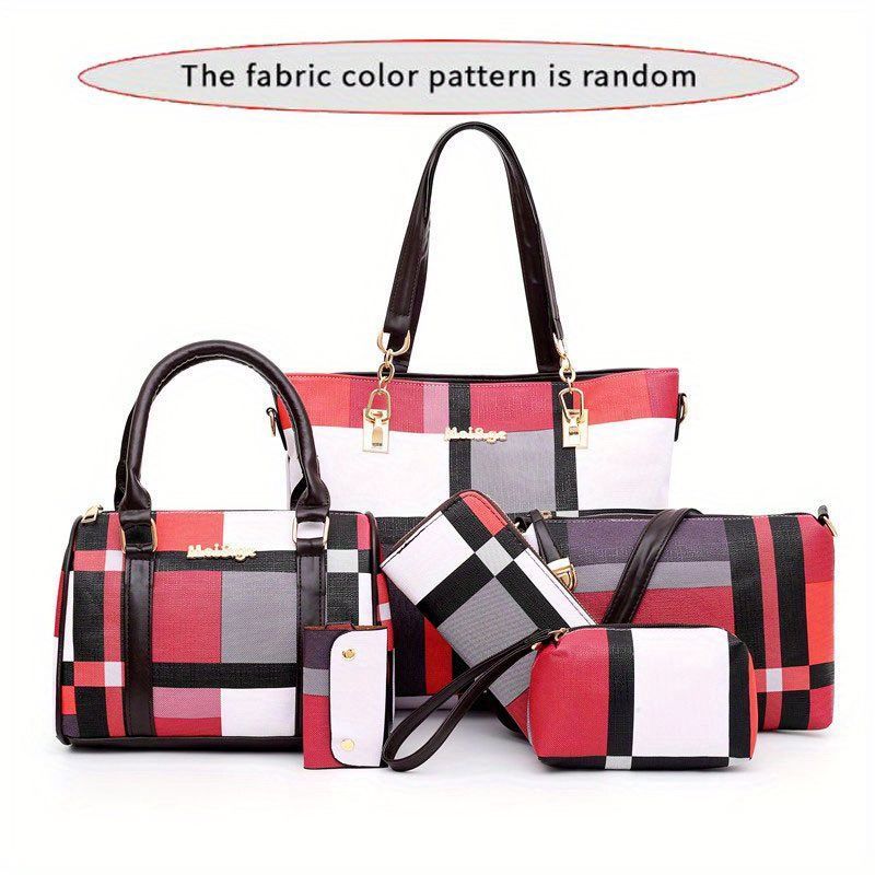 Women'S Bag Set Six Piece Bag Set Checkered Bag Large Capacity Bag Korean Style - Brown - Size 30-27-13