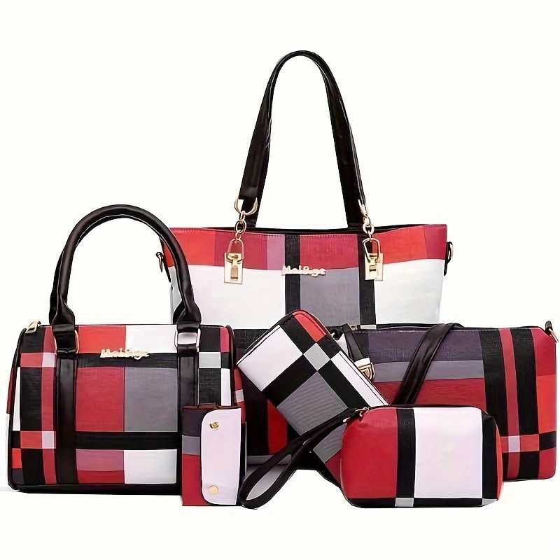 Women'S Bag Set Six Piece Bag Set Checkered Bag Large Capacity Bag Korean Style - Green - Size 30-27-13