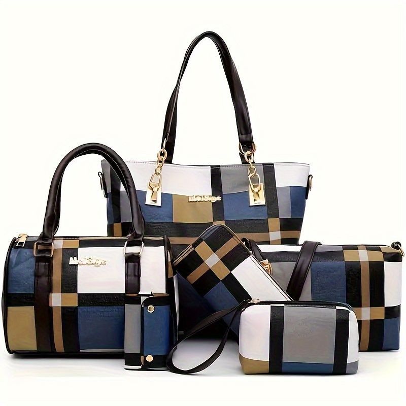 Women'S Bag Set Six Piece Bag Set Checkered Bag Large Capacity Bag Korean Style - Green - Size 30-27-13