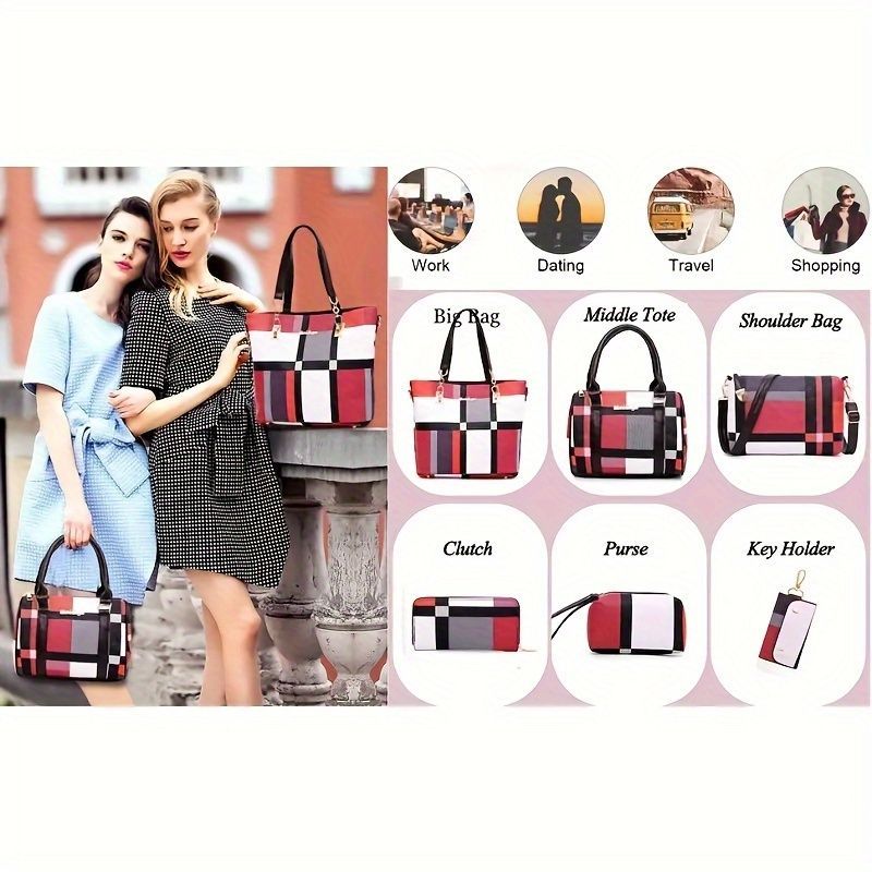 Women'S Bag Set Six Piece Bag Set Checkered Bag Large Capacity Bag Korean Style - Green - Size 30-27-13