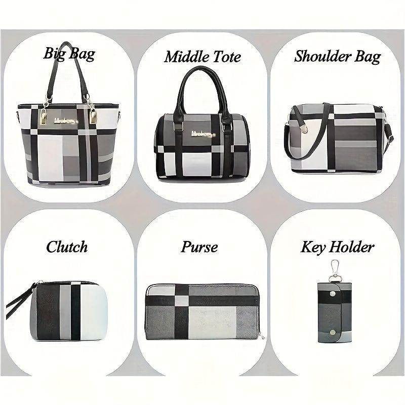 Women'S Bag Set Six Piece Bag Set Checkered Bag Large Capacity Bag Korean Style - Red - Size 30-27-13