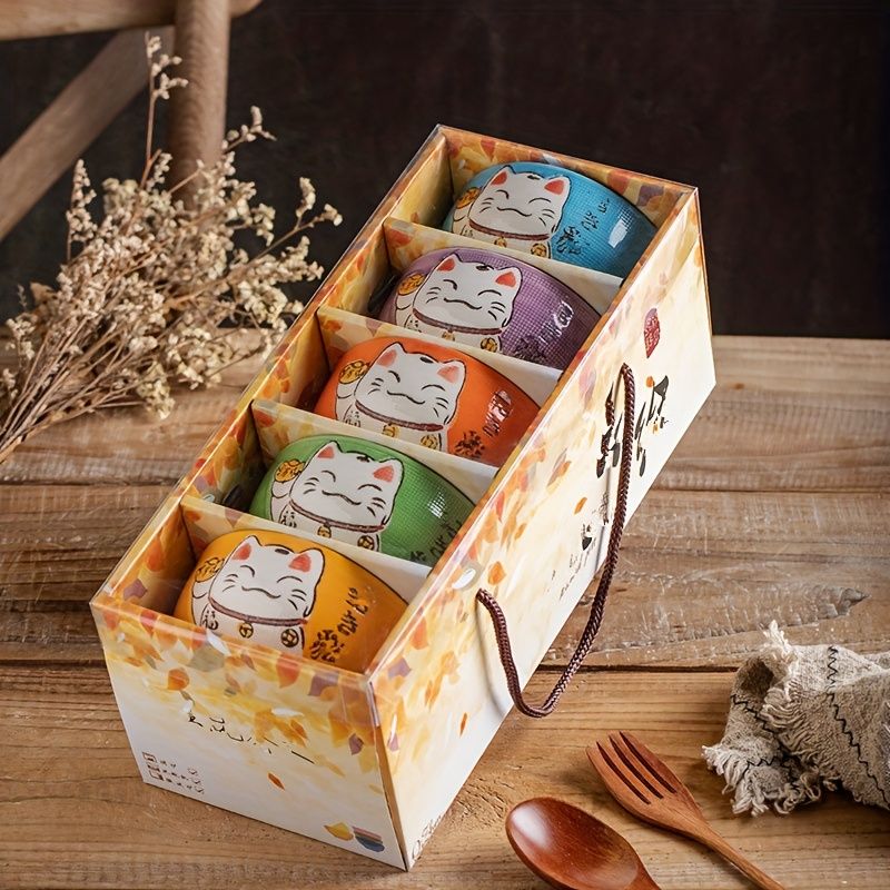Lucky Cat Ceramic Bowl Set – 4-Piece Maneki-Neko Gift Box
