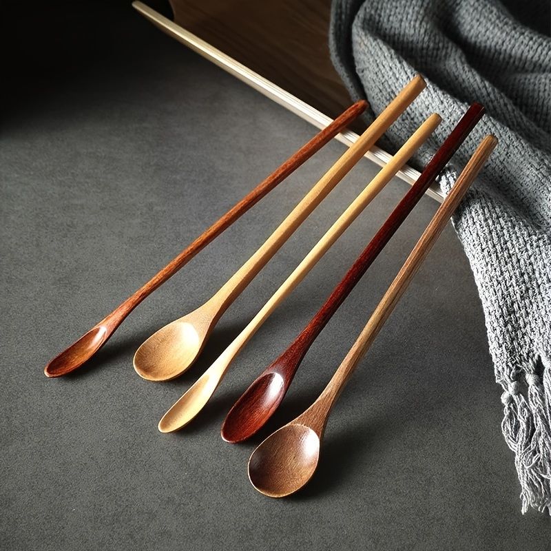 5pcs Long Handled Wooden Coffee Spoons, 7.8-Inch Mixing Spoons Tea Spoons Ice Cream Spoons for Kitchen