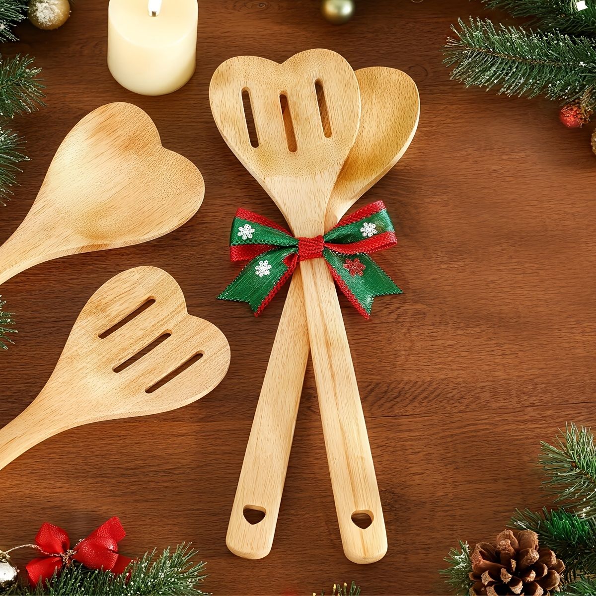 2pcs Bamboo Cooking Spoon Set, Heart-Shaped Spoons Hollow Design for Draining, 11.8-Inch Wooden Kitchen Utensils