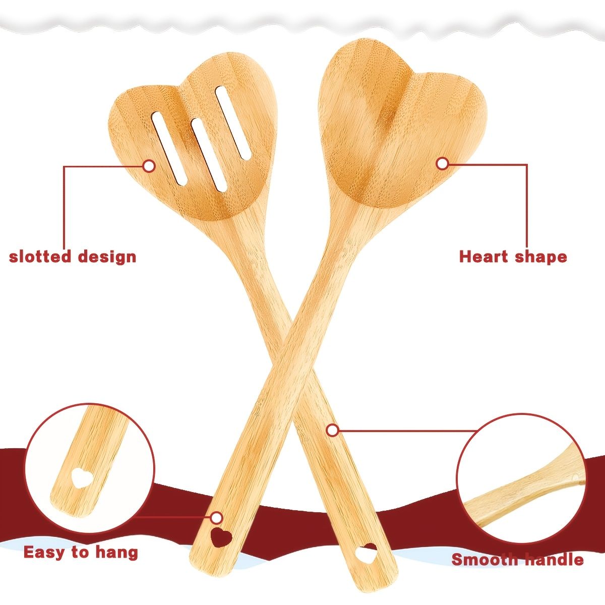 2pcs Bamboo Cooking Spoon Set, Heart-Shaped Spoons Hollow Design for Draining, 11.8-Inch Wooden Kitchen Utensils