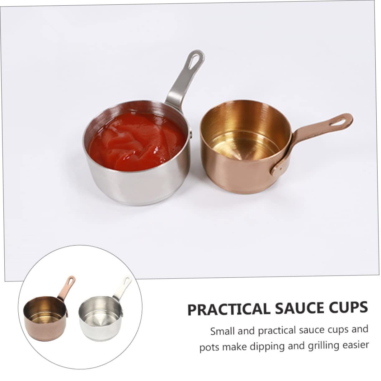 2pcs Stainless Steel Sauce Pan Condiment Cups with Lids Soy Dishes Drizzle Spoon Ketchup Side Dish Measuring Pot Small Pan