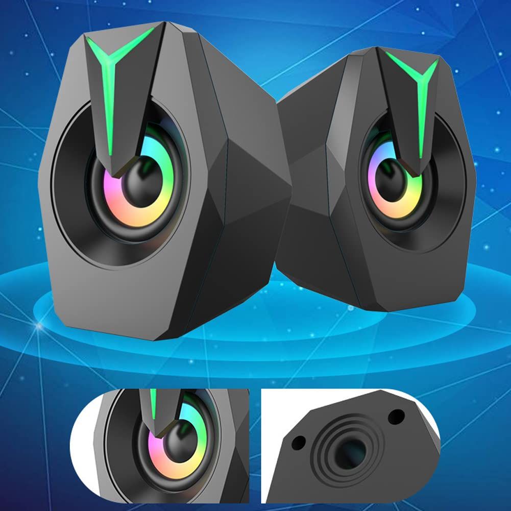 LED Computer Speaker USB Powered 3.5mm Stereo Audio Desktop Speakers for PC, MP3 Player, Laptop, Smartphone (Black)