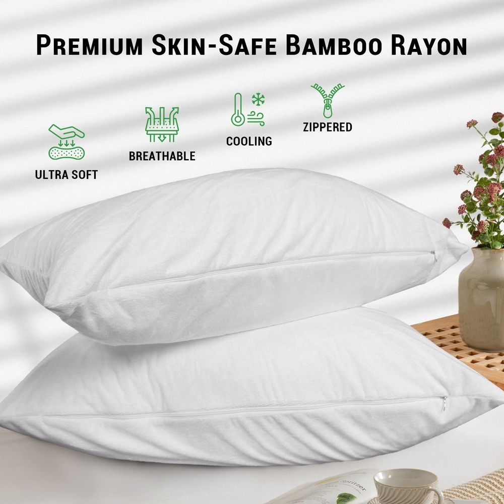 Bamo Cotton Waterproof Pillow Protector, Breathable Pillow Cover, Cooling Pillow Case Protector with Zipper, Super Soft Pillow Case Cover with Zipper (2 s, Queen 20"x30", White)